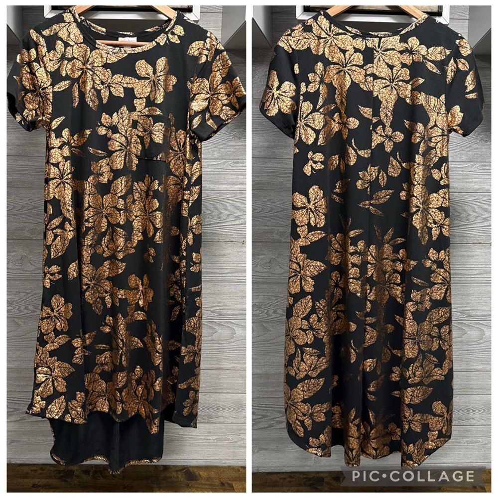 LuLaRoe Black Midi Dress with Metallic Gold Floral Print